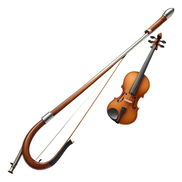 Create a detailed emoji representing a cello bow. The design should feature the elegant and slender shape of the bow, with visible intricate details like the fine wood texture, the metal ferrule, and the soft horsehair stretched tightly across it. Include subtle accents like the leather grip near the frog and delicate wooden finish. The bow should have a classic, polished look, with a touch of sophistication. Use warm wooden tones, silver, and black to highlight the craftsmanship of a professional cello bow. The background should be transparent. sticker