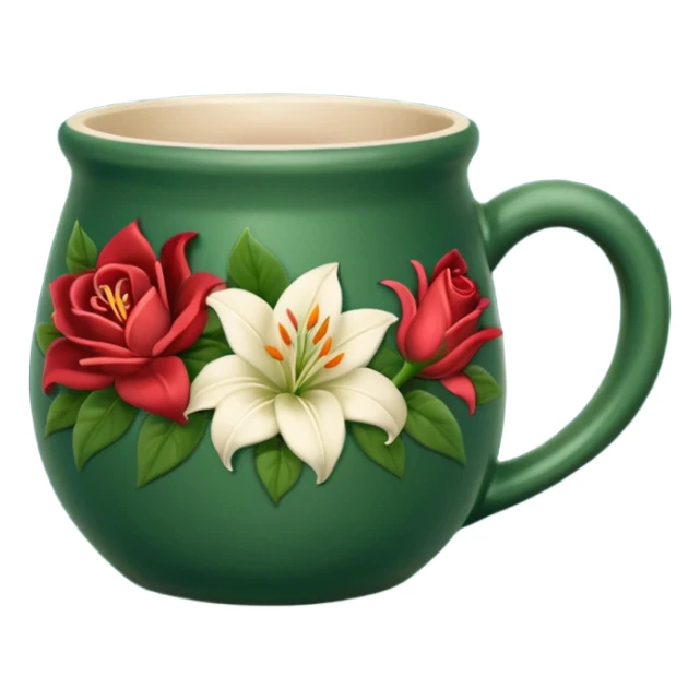 dark green mug, pottery no spoon with roses and lilies designed on it  sticker