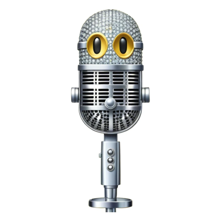 Create a glamorous and vibrant emoji representing stage vocal performance. The design should feature a classic vintage microphone at the center, surrounded by humanless an eye-catching stage costume covered in rhinestones, sparkling brightly. The costume should be stylized, with glittering elements like sequins and sparkles, and reflect the glitzy, extravagant nature of show business. The microphone should have a sleek, retro look with chrome or metallic accents. Use rich, dazzling colors like gold, silver, deep purple, and bright red to evoke the glamorous, larger-than-life feel of a stage performance. The background should be transparent. sticker