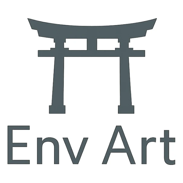 The words 'Env Art' in a clean sans-serif font, with a minimalist Shinto shrine silhouette behind, subtle and professional look. sticker