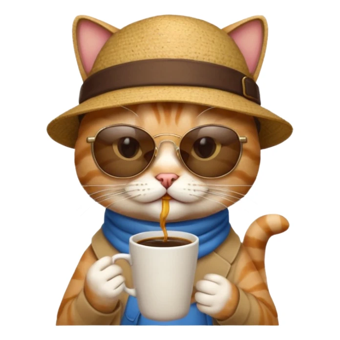 a cat wearing glasses and drinking coffee sitting at the beach sticker