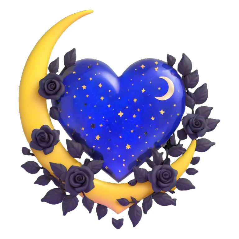 gothic heart made of midnight blue glass with a silver crescent moon, tiny black roses, shimmering stardust, confetti burst effect sticker