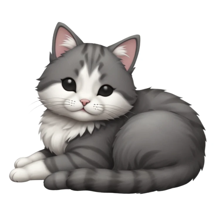 dark grey and white small cat with his eyes closed leaning his head on his paw while lying down sticker