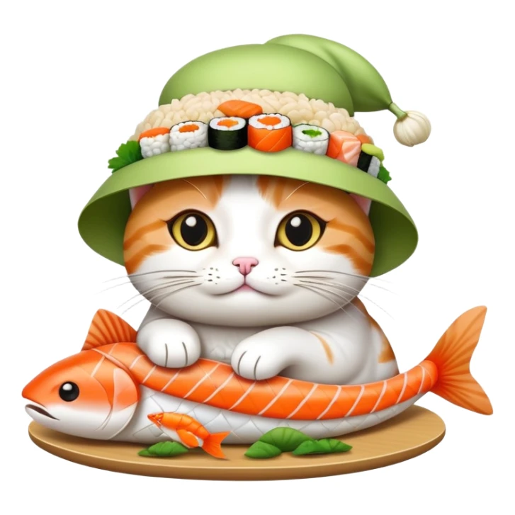 cat wearing a hat with a rice base, multiple fish pieces on top, and wasabi accent, sushi hat sticker