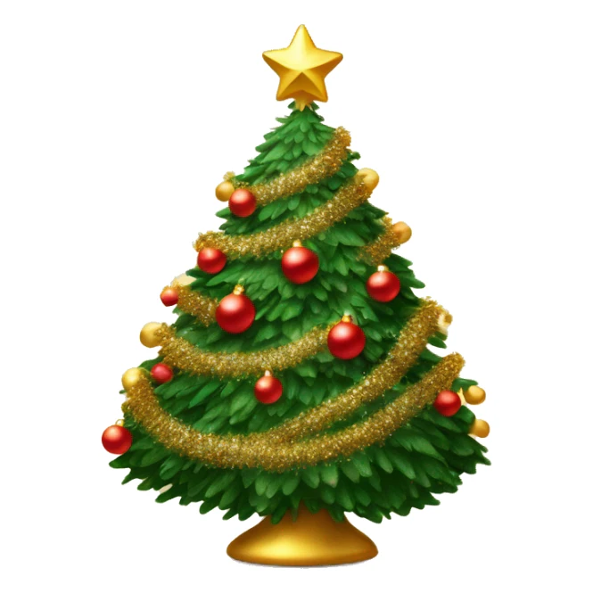 Super twinkly full christmas tree with red and gold decorations and gold tinsel sticker
