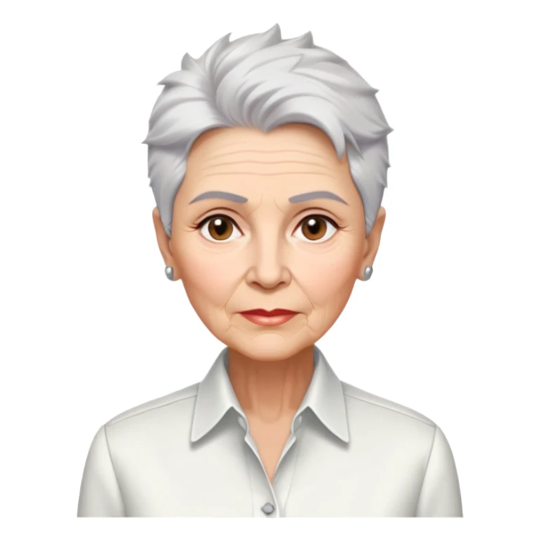 Elderly Marian Pabón with elegant facial features, light rosy complexion, expressive eyes with age lines, medium well-defined lips, sophisticated pronounced cheekbones, short spiky silver hair styled like a men's cut, dressed in a crisp white button-up shirt sticker