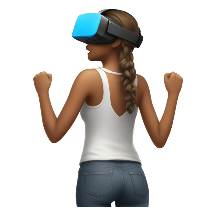 a girl winning a VR game facing the wall and showing her back sticker