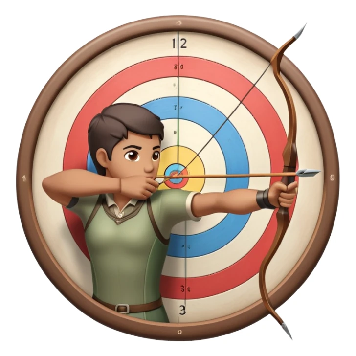 An archer drawing a bow and aiming an arrow at a target, with perfect focus and precision. The target is visible in the background, featuring concentric rings. The scene captures the concentration and skill involved in archery, emphasizing the elegance and accuracy of the sport. sticker