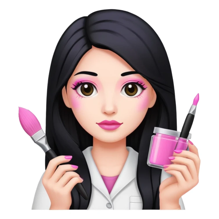 Pink Nail Tech with black long hair holding small acrylic brush sticker