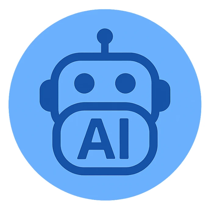 AI logo for social media, stylized robot face inside a circle, minimal, flat blue palette, clear lines, high recognizability sticker