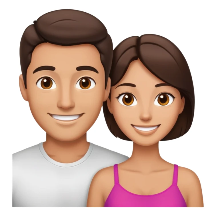 Attractive brunette man and woman with tan skin from chest up, smiling at camera sticker