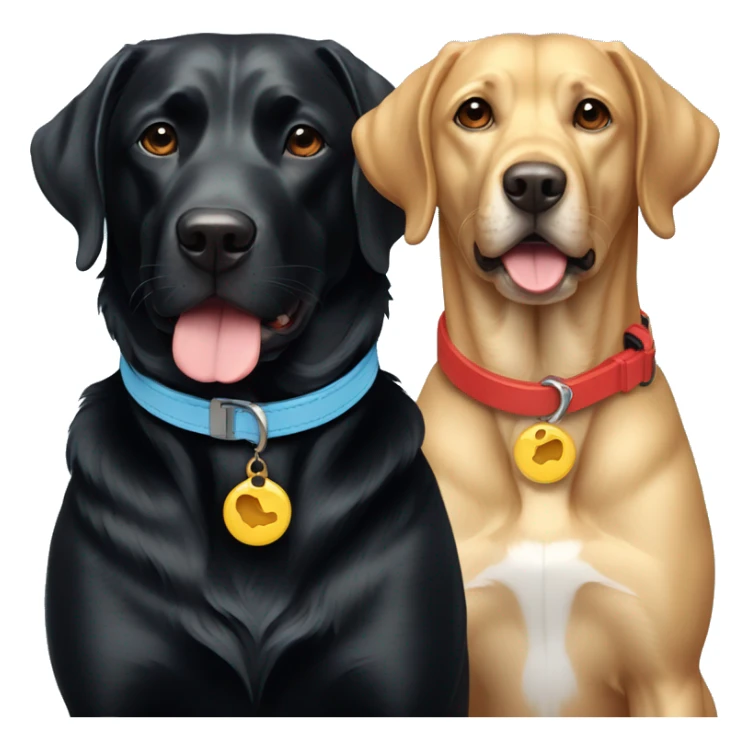 2 dogs, black labradors. one on the left smaller. The dog on left with a light blue collar. dog on right with red collar. sticker