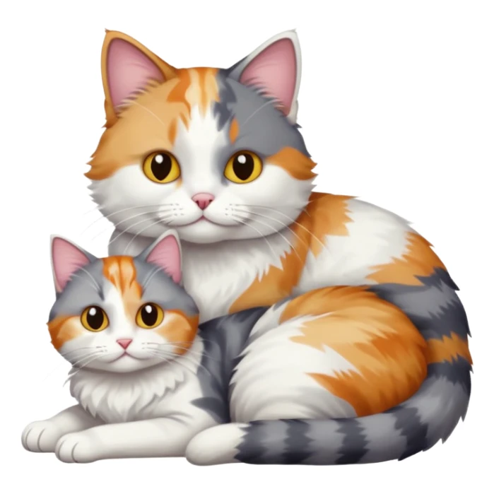 full body colourful light patched calico + white tabby cat cuddling a grey and white cat  sticker