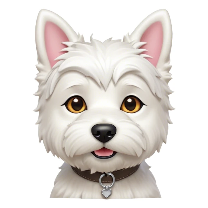 Cinematic Cute West Highland White Terrier Portrait Emoji, Head tilted playfully and inquisitively, featuring a fluffy, immaculate white coat with perky ears, round, sparkling dark eyes filled with curiosity, Simplified yet irresistibly adorable features, highly detailed, glowing with a warm, friendly glow, high shine, affectionate and lively, stylized with a touch of whimsy, bright and endearing, soft glowing outline, capturing the essence of a mischievous yet loving pup, so playful it feels like it could bound out of the screen and into your arms! sticker