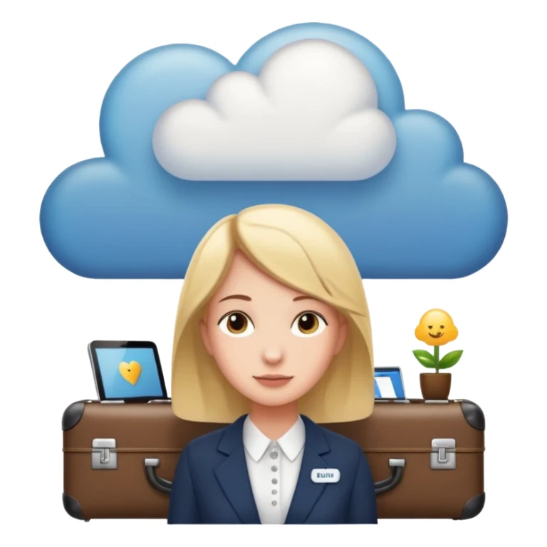 A thinking person with a thought cloud showing a modern hotel reception — front desk, receptionist, suitcases, cozy lighting. Cute emoji style, soft and clean.
 sticker