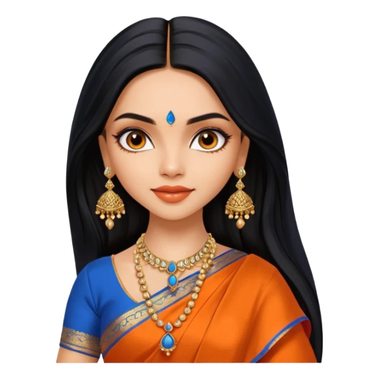 generate a pretty bratz Deepika Padukone with long black hair middle parted.
Wearing an orange saree with a blue blouse, golden jhumkas
SHe shoudl look like deepika padukone sticker