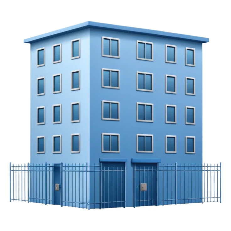 blue rectangular 9-story apartment building surrounded by fence, closed courtyard, minimal flat vector icon sticker