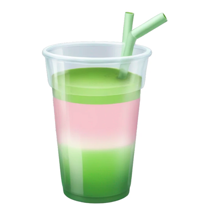 Clear cup. The bottom half of the cup has a light pink liquid, and the top half is matcha green. A transparent straw sticks out.  sticker