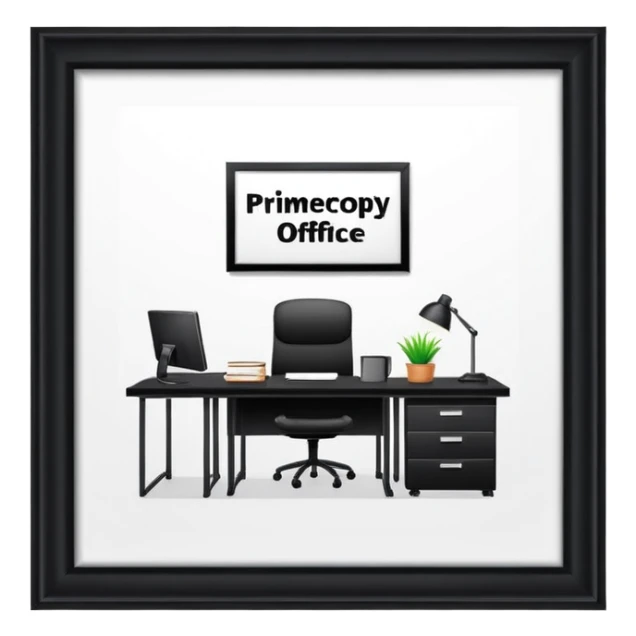 A black office with a sign saying "PrimeCopy" sticker