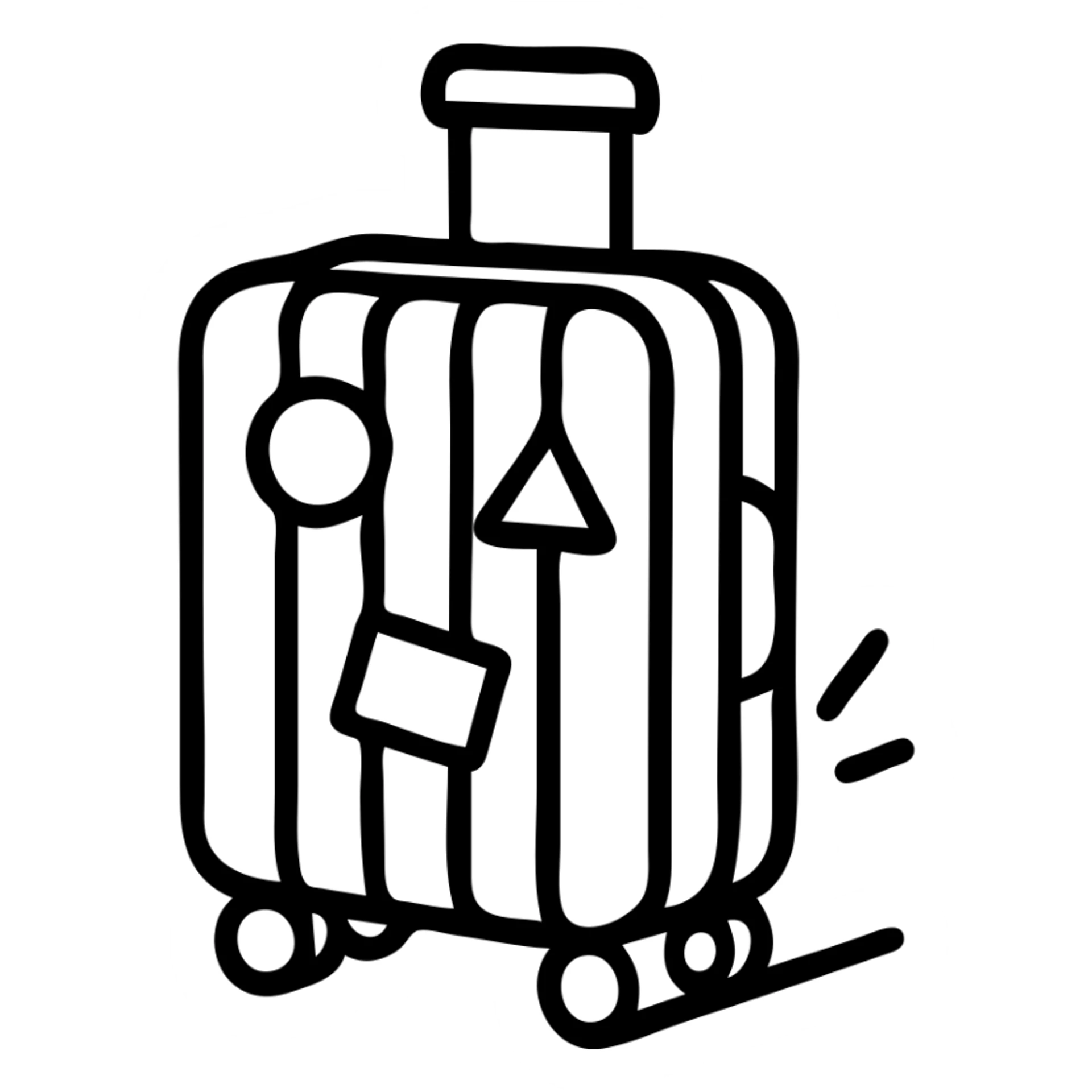 ribbed suitcase with wheels and handle, decorated with various travel stickers, shown semi-sideways or in a hand, clear thick contours, sharp shadows and highlights, no gradient blending sticker