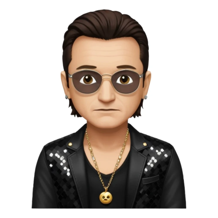 Bono with black sequin jacket, black shirt with necklace, dark brown medium hair sticker