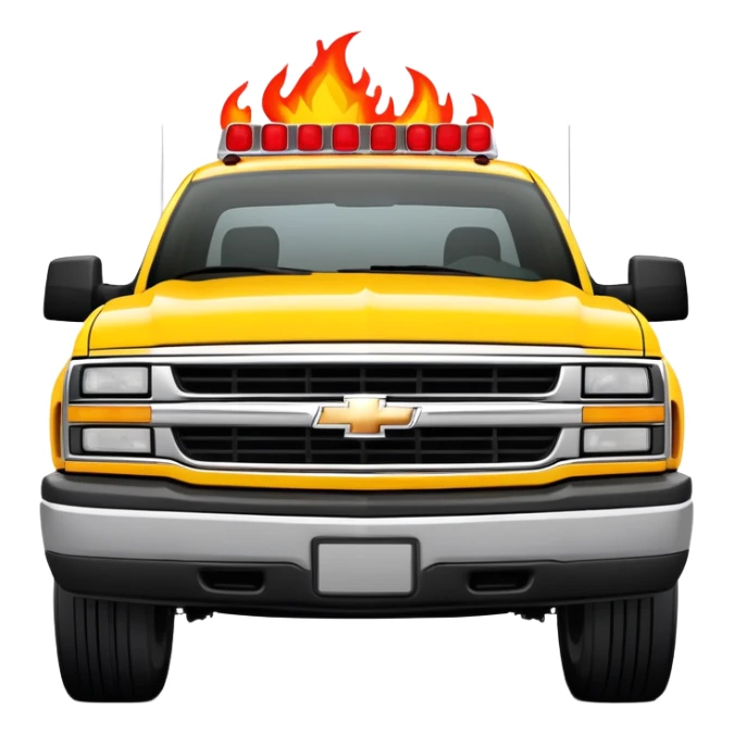 Yellow 1997 Chevrolet C-2500 Crew Cab Silverado with red flame design only on the front bumper, 30-degree view showing detailed bumper flames, Kill Bill movie vehicle, iOS emoji style sticker