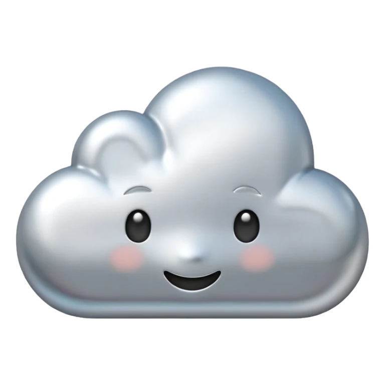 A cute cloud emoji made of silver chrome, smooth rounded shape, glossy metallic surface, soft reflections, minimal and friendly design, iOS emoji style, centered, clean white background, soft lighting sticker