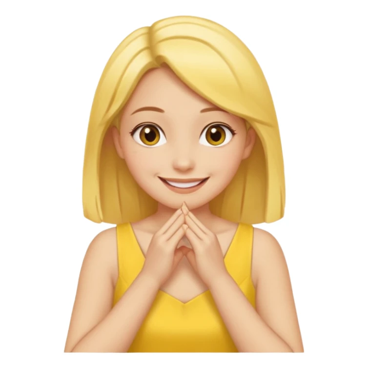 yellow smiling face girl with both hands flat under chin fingers touching sticker