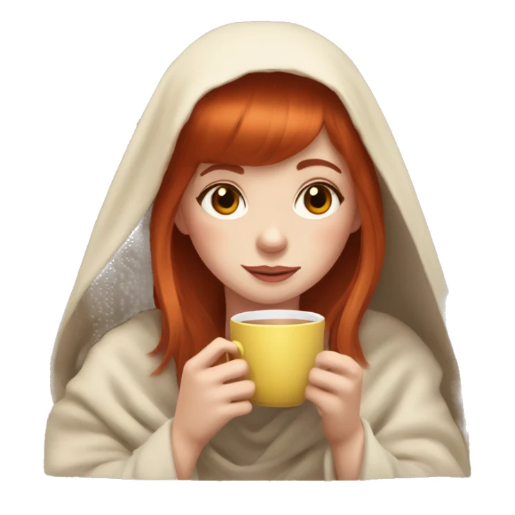 Redhead girl with straight bangs drink tea under blanket sticker