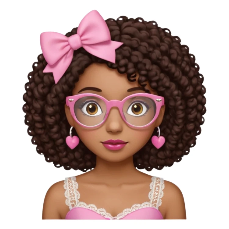 medium kinned afro-latina girl with medium length chocolate brown side part curly hair, small pink bow on the side, with brown glasses, brown eyes, noes piercing, pink and white sweekhart necklined top with lace, round wide-ish nose sticker