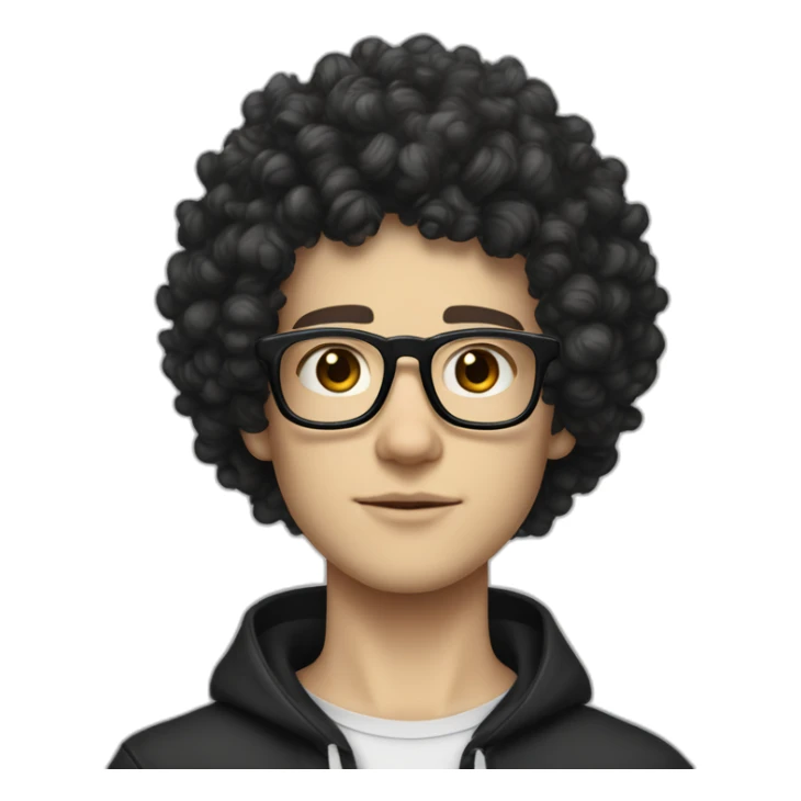 white boy white skin and squared jawline with back colored afro curly black hair and squared glasses and tattoo of black lightning on the neck sticker