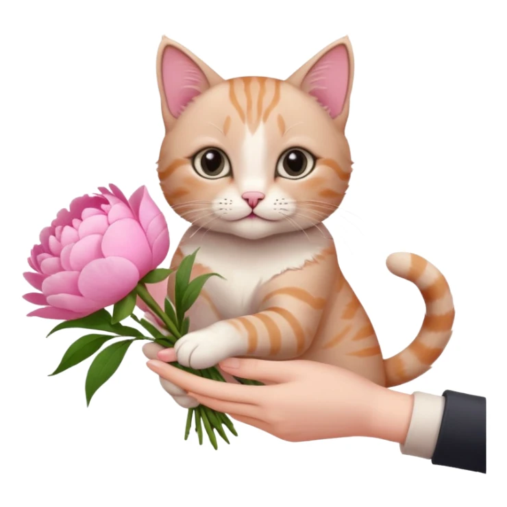 Cute cat Handing pink peonies like reaching a hand and handing them out a bouquet of them with a couquette sticker