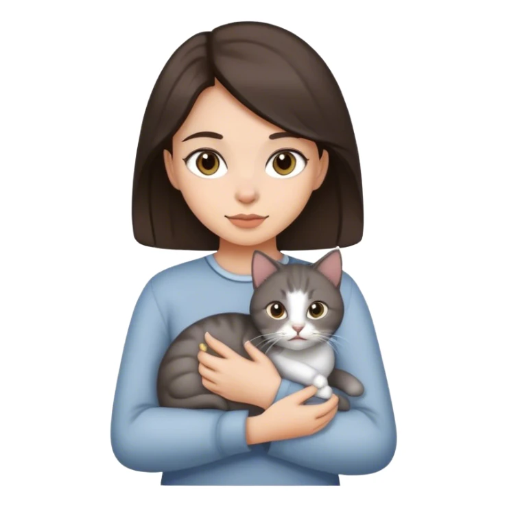 Dark Brown hair girl holding a grey cat sticker