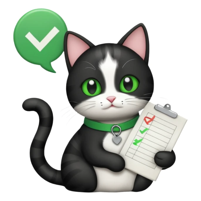 A black and white Cat holding a list with a green check mark symbolizing a task is done. sticker
