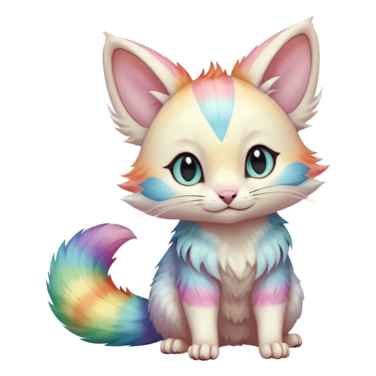  cute adorable pastel-iridescence-gradients albino fur with random colorful iridescent rainbow markings beautiful elegant pretty precious cute  Fakémon-Pokémon-opossum-feline-serval-caracal-chinchilla-Minccino-hybrid-creature with a big fluffy bushy striped tail (full body) sticker