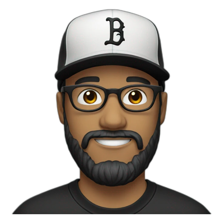 white man with glasses and black beard with a baseball hat backwards and a black t shirt sticker