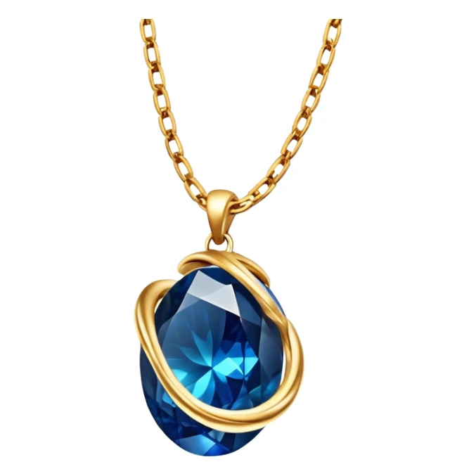 gold chain floating in midair with a glowing deep blue stone, swirling veins, shimmering like liquid gold, magical aura sticker