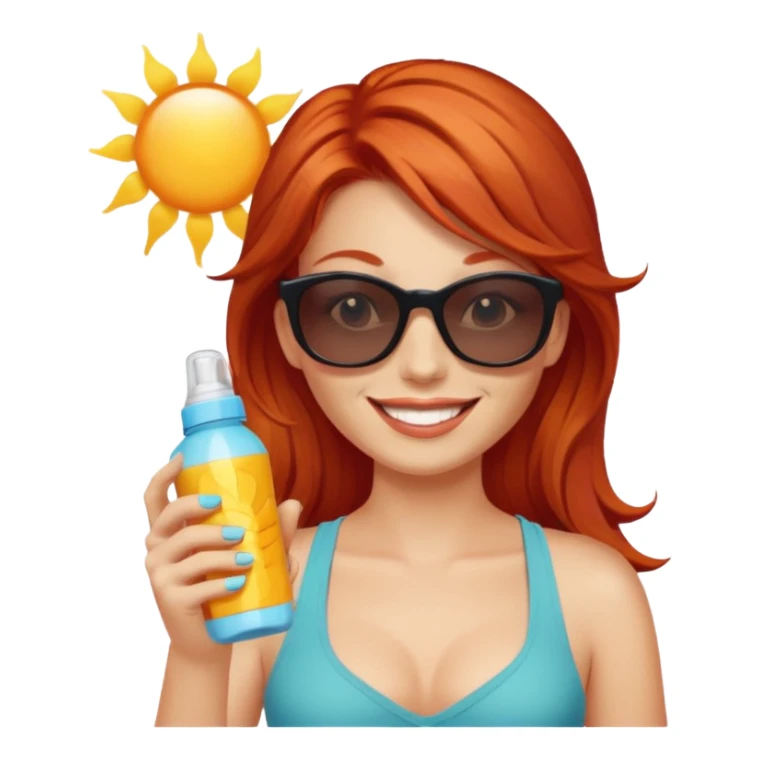 female red haired with suncream bottle and sunglasses, with sun burned sticker