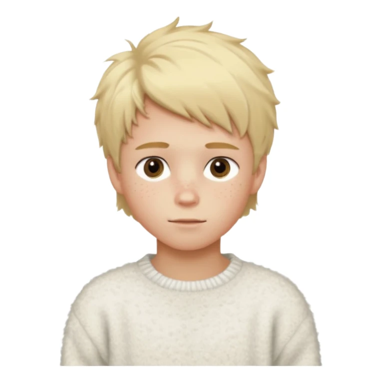 create-a-look-for-a-blond-boy-with-long-tousled-hair-light-eyes-a-white-sweat + fluffy white sweater + styled hair blonde with hair to the side cute + cute face with freckles  medium hair fluffy to the side no long hair cute hair blonded no messy sticker