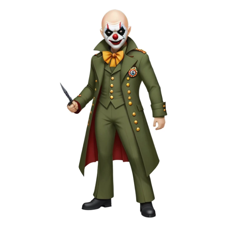 evil clown, bald, small black horns on forehead, fangs, pointed ears, eye patch over one eye, long coat over black and military green leisure suit with bellbottom pants, tail, realistically proportioned, less bulky, full body, battle-ready, fighting posture sticker