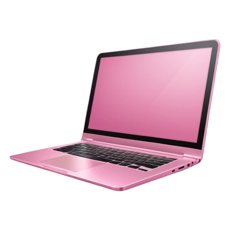  pink pink laptop with a sleek modern design, open screen, soft lighting and reflections, minimal aesthetic, isolated on transparent background, realistic style sticker