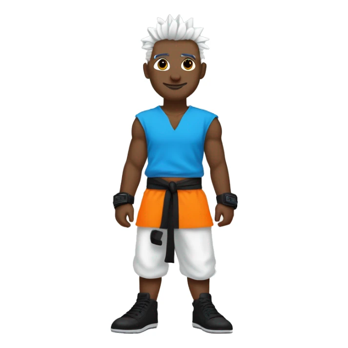 Silver spiked hair
White skin
Black eyes
Orange gi over blue short-sleeved T-shirt
Black shoes
Black wrist bands on both wrists
Black belt sticker
