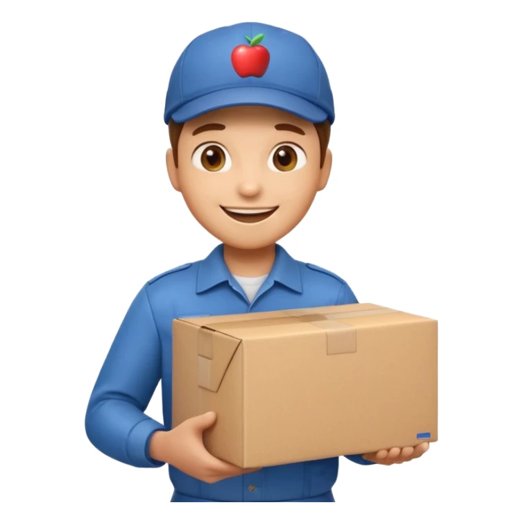 3D Apple-style emoji of a delivery worker holding a cardboard package. Wearing a cap and uniform shirt, smiling expression. Rounded, glossy, smooth, soft shadows, white background.




 sticker