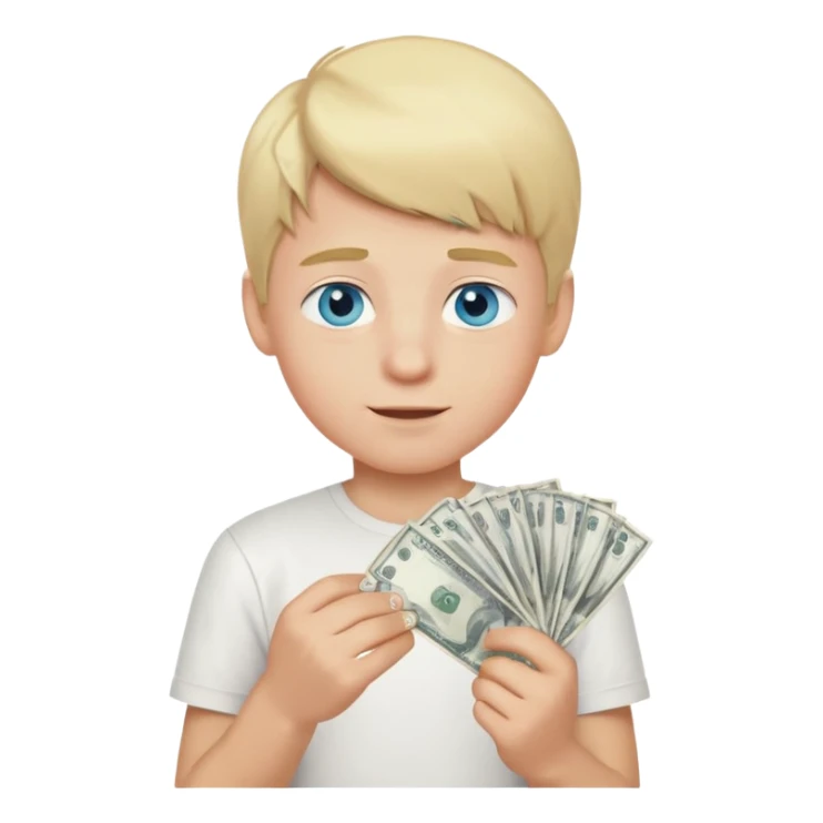 blonde boy, blue eyes, white shirt, holding money, winking sticker
