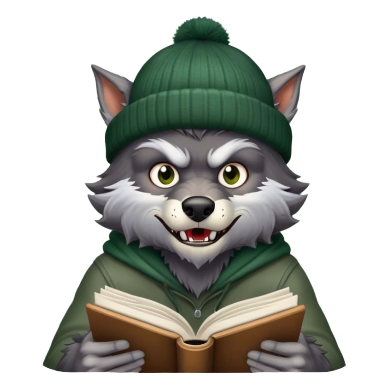 werewolf wearing a dark green beanie reading a book sticker