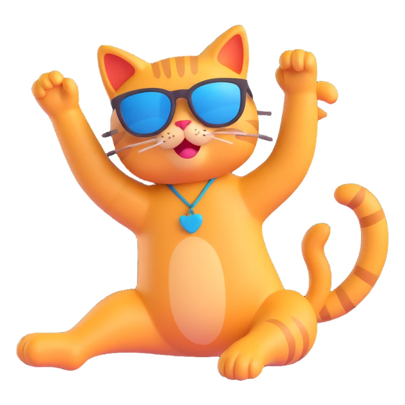 Cat wearing sunglasses in a playful stretching pose, 3D emoji style, no background. sticker