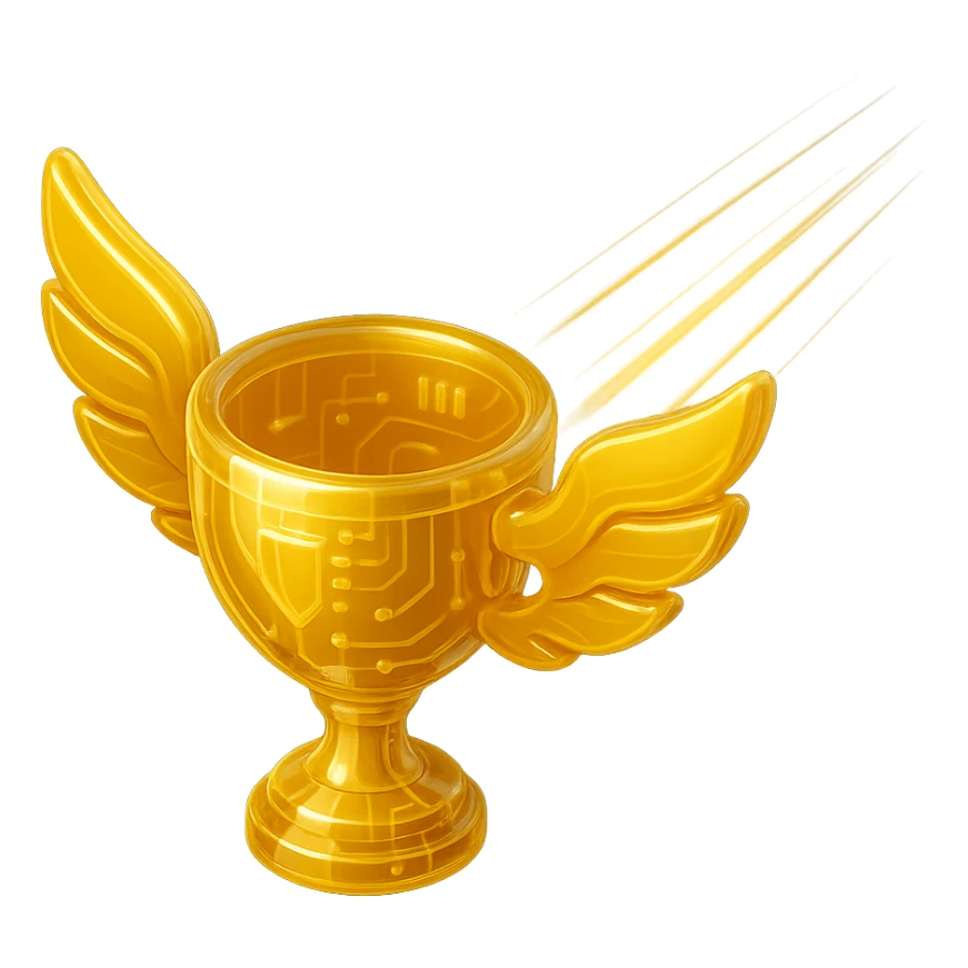 Super Sonic Legend inspired by Rocket League, golden trophy with wings and supersonic trail, radiating energy and achievement, glossy circuit style sticker