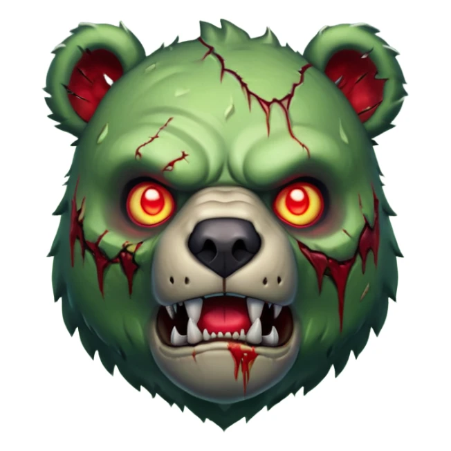 zombie bear portrait, head and shoulders only, cracked skin, stitched scars, glowing red-green eyes, powerful undead beast vibe, 3D cartoon, mobile game icon style, clean background, no text, no watermark
 sticker