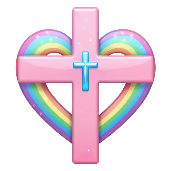 Heart infront of cross, pastel pink and rainbow sparkles  sticker