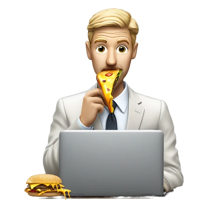 A business man in a suit eating a messy cheeseburger that is dripping onto his laptop like he doesn't care because lunch is more important than work.  sticker